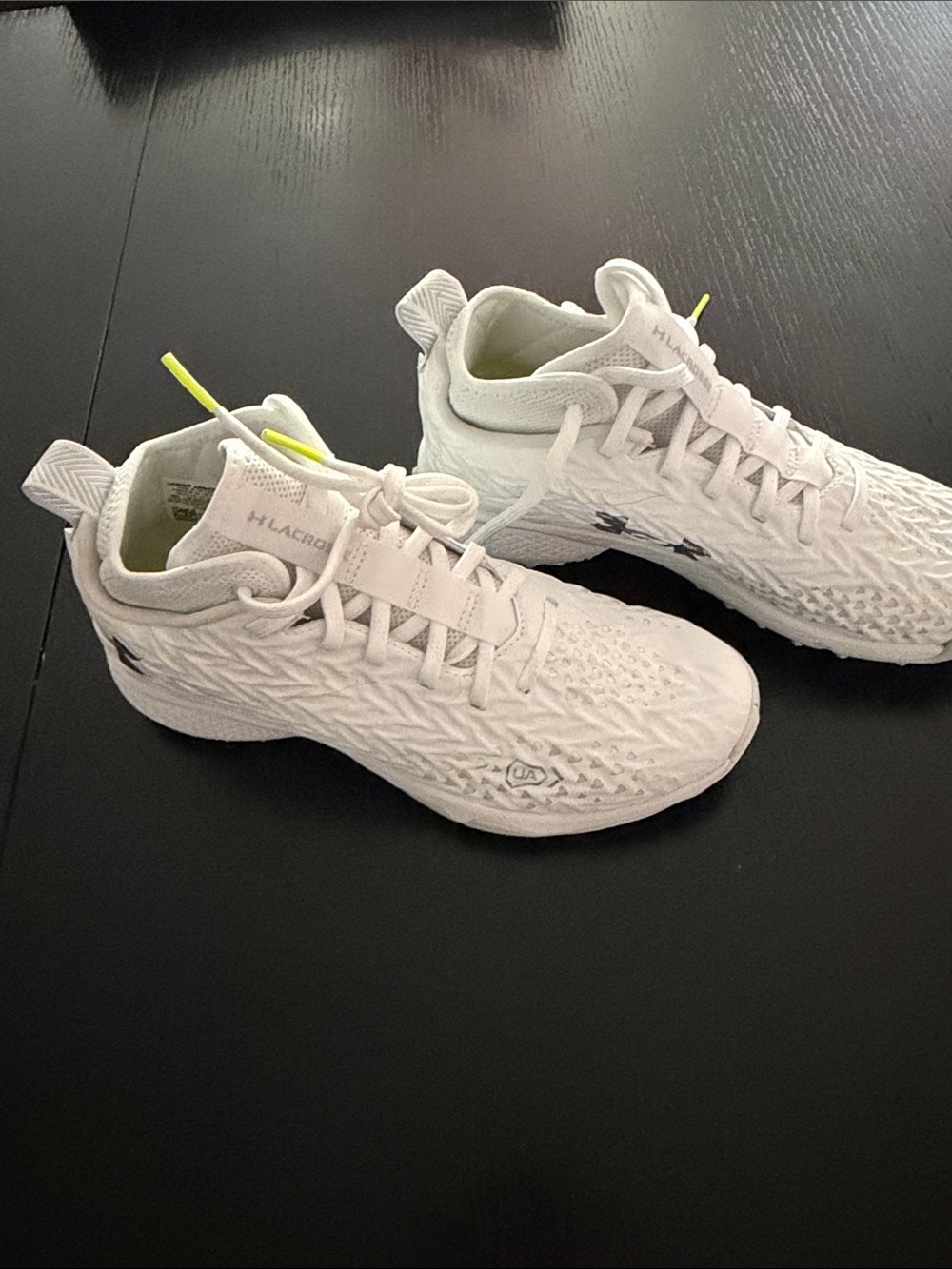 Under Armour White turf shoe with Neon Yellow Pull Tabs